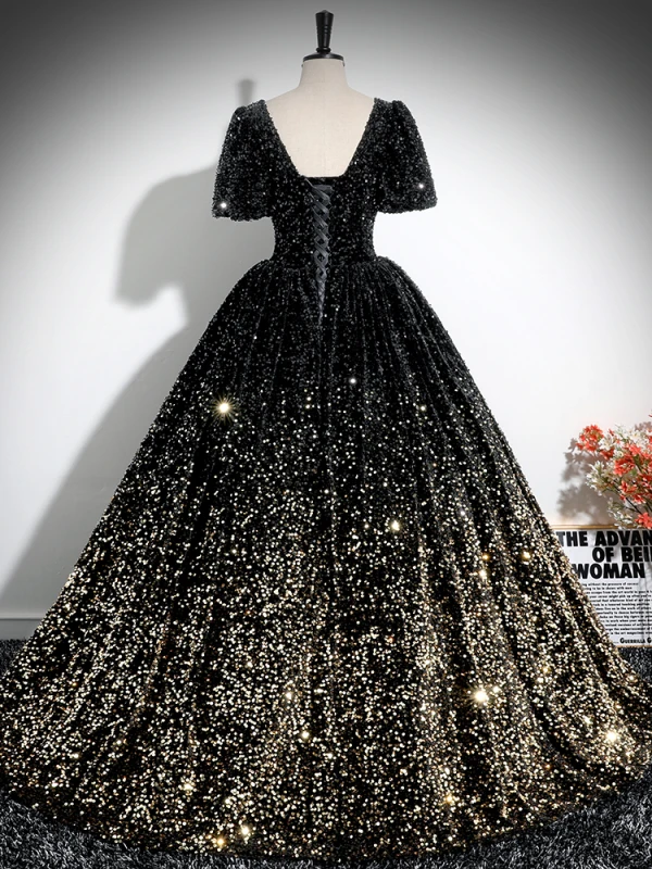 Glitzernden Schwarz Pailletten Ballkleider 2024 Ballkleid Eckiger Ausschnitt Kurze Ärmel Rückenfreies Lange Ball Festliche Kleider