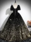 Glitzernden Schwarz Pailletten Ballkleider 2024 Ballkleid Eckiger Ausschnitt Kurze Ärmel Rückenfreies Lange Ball Festliche Kleider