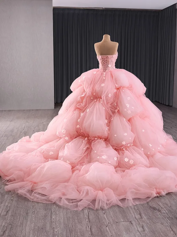 High-end Herlig Rødmende Rosa Gripende Ruffles Perle Appliques Brudekjoler 2024 Ballkjole Kjæreste Uten Ermer Ryggløse Domstol Tog Ball