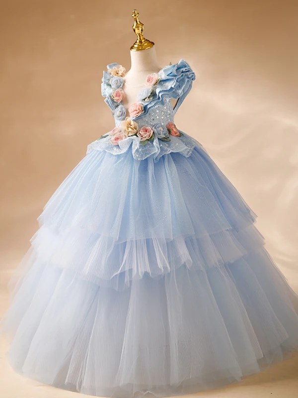 Chic / Beautiful Sky Blue Appliques Sequins Birthday Cascading Ruffles Flower Girl Dresses 2024 Ball Gown Scoop Neck Sleeveless Backless Floor-Length / Long