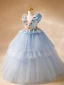 Chic / Beautiful Sky Blue Appliques Sequins Birthday Cascading Ruffles Flower Girl Dresses 2024 Ball Gown Scoop Neck Sleeveless Backless Floor-Length / Long