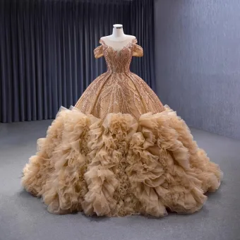 Luxe Champagne Fait Main Perlage Perle Paillettes Volants En Cascade Robe De Bal 2023 Robe Boule Encolure Dégagée Manches Courtes Chapel Train Promo Robe De Ceremonie