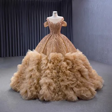Luxe Champagne Fait Main Perlage Perle Paillettes Volants En Cascade Robe De Bal 2023 Robe Boule Encolure Dégagée Manches Courtes Chapel Train Promo Robe De Ceremonie