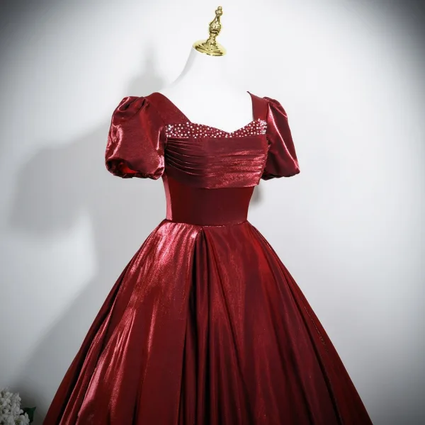 Vintage / Retro Burgundy Beading Velvet Prom Dresses 2025 Ball Gown Square Neckline Short Sleeve Backless Floor-Length / Long Formal Dresses