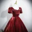 Vintage / Retro Burgundy Beading Velvet Prom Dresses 2025 Ball Gown Square Neckline Short Sleeve Backless Floor-Length / Long Formal Dresses