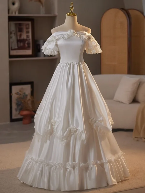 Elegant White Satin Flower Wedding Dresses 2025 A-Line / Princess Off-The-Shoulder Short Sleeve Backless Floor-Length / Long
