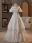 Elegant White Satin Flower Wedding Dresses 2025 A-Line / Princess Off-The-Shoulder Short Sleeve Backless Floor-Length / Long