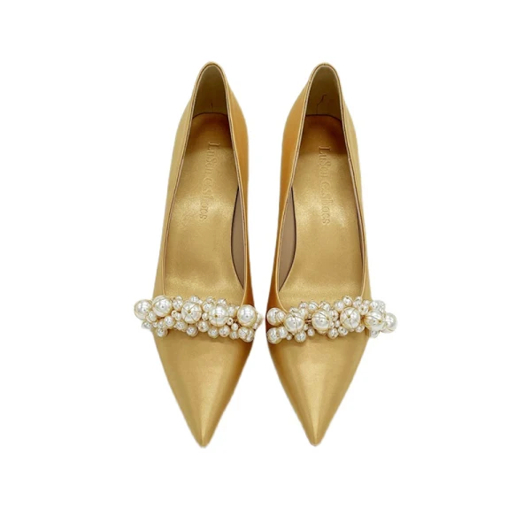 Charming Gold Satin Pearl Wedding Shoes 2022 Leather 6 cm Stiletto Heels Pointed Toe Charming Gold Satin Pearl Wedding Shoes 2022 Leather 6 cm Stiletto Heels Pointed Toe