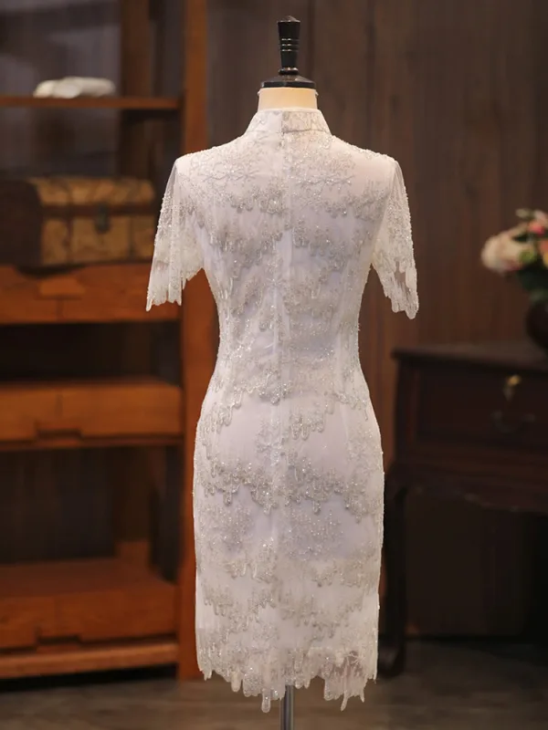 Chinese style White Beading Sequins Evening Party Cheongsam 2026 Trumpet / Mermaid High Neck Short Sleeve Knee-Length