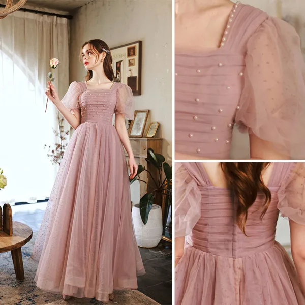 Modest / Simple Blushing Pink Pearl Prom Dresses 2022 A-Line / Princess Square Neckline Short Sleeve Backless Floor-Length / Long Formal Dresses
