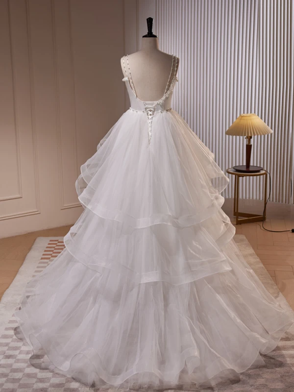 Mode Blanche Volants en Cascade Robe De Mariée 2023 Robe Boule Bretelles Spaghetti Perle Sans Manches Dos Nu Train De Balayage Mariage