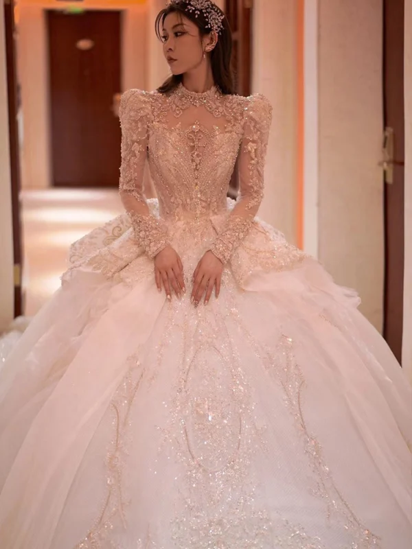 Charmant Blanche Perlage Faux Diamant Paillettes Robe De Mariée 2024 Robe Boule Col Haut Manches Longues Dos Nu Royal Train Mariage