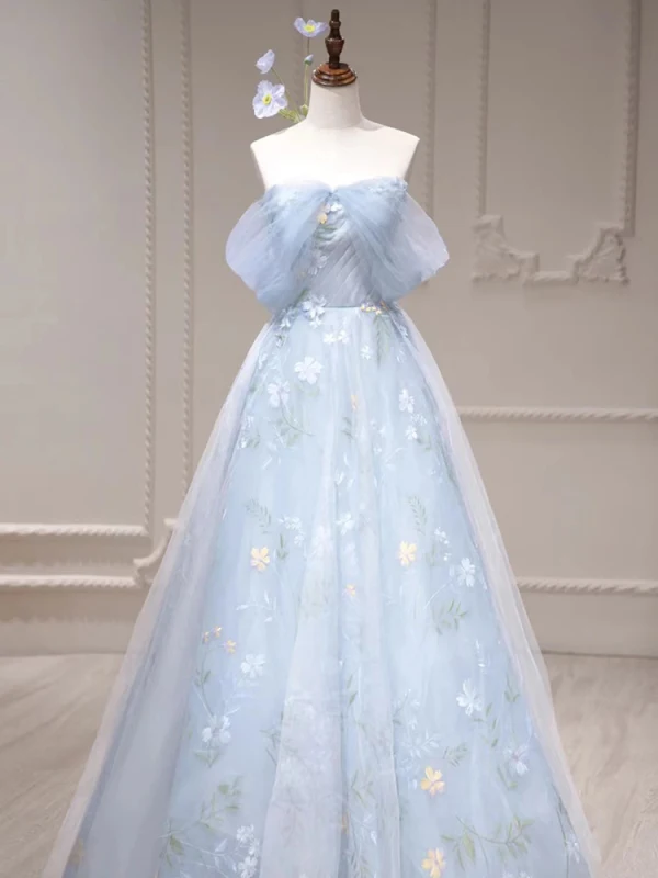 Flower Fairy Sky Blue Appliques Prom Dresses 2023 A-Line / Princess Off-The-Shoulder Sleeveless Backless Floor-Length / Long Prom Formal Dresses
