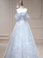 Flower Fairy Sky Blue Appliques Prom Dresses 2023 A-Line / Princess Off-The-Shoulder Sleeveless Backless Floor-Length / Long Prom Formal Dresses