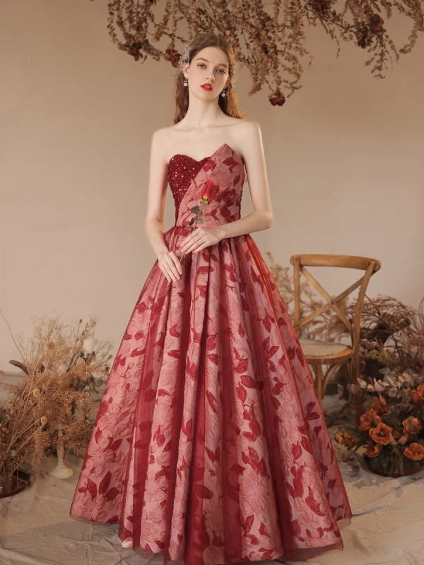 Chic / Beautiful Burgundy Sequins Printing Prom Dresses 2023 A-Line / Princess Off-The-Shoulder Short Sleeve Backless Floor-Length / Long Formal Dresses