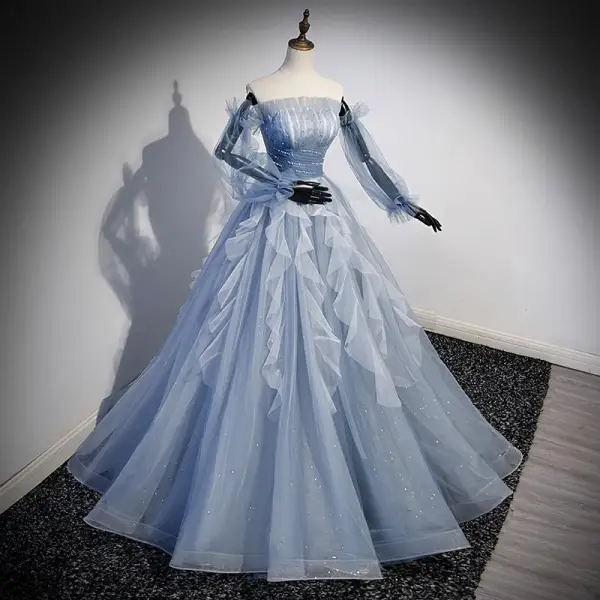 Fashion Sky Blue Beading Sequins Prom Dresses 2023 A-Line / Princess Strapless Short Sleeve Backless Floor-Length / Long Prom Formal Dresses