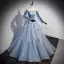 Fashion Sky Blue Beading Sequins Prom Dresses 2023 A-Line / Princess Strapless Short Sleeve Backless Floor-Length / Long Prom Formal Dresses