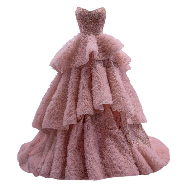High End Charmant Rosa Fallende Rüsche Ballkleider 2022 Ballkleid Bandeau Ärmellos Perlenstickerei Perle Pailletten Sweep / Pinsel Zug Ball Festliche Kleider