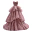 High End Charmant Rosa Fallende Rüsche Ballkleider 2022 Ballkleid Bandeau Ärmellos Perlenstickerei Perle Pailletten Sweep / Pinsel Zug Ball Festliche Kleider