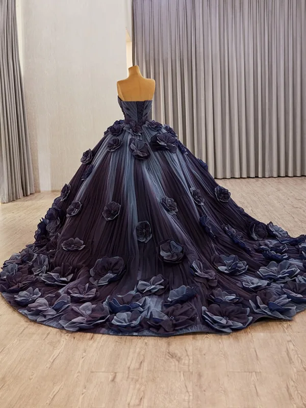 Luxury / Gorgeous High-end Navy Blue Beading Pearl Sequins Appliques Prom Dresses 2025 Ball Gown Sleeveless Backless Strapless Chapel Train Prom