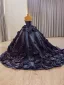 Luxury / Gorgeous High-end Navy Blue Beading Pearl Sequins Appliques Prom Dresses 2025 Ball Gown Sleeveless Backless Strapless Chapel Train Prom