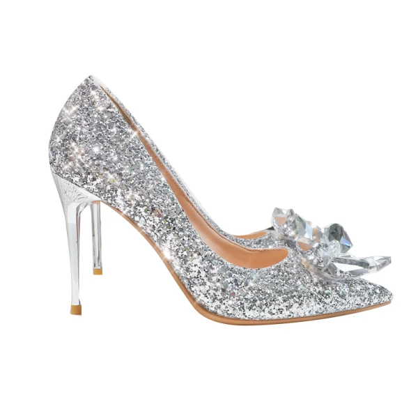 Glitzernden Sexy Silber Kristall Pailletten Brautschuhe 2024 9 cm Stilettos Spitzschuh Hochzeit Pumps Hochhackige