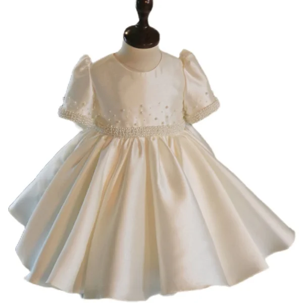 Elegant Ivory Pearl Bow Flower Girl Dresses 2023 Ball Gown Scoop Neck Short Sleeve Birthday