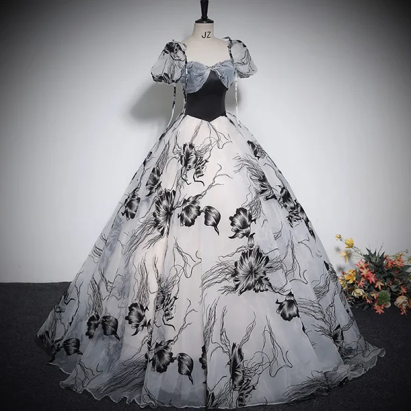 Elegant Black Printing Prom Dresses 2023 Ball Gown Square Neckline Puffy Short Sleeve Backless Bow Floor-Length / Long Prom Formal Dresses