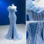 High End Charmant Himmelblau Perlenstickerei Pailletten Abendkleider 2023 Meerjungfrau One-Shoulder Lange Ärmel Rückenfreies Gespaltete Front Sweep / Pinsel Zug Abend Festliche Kleider