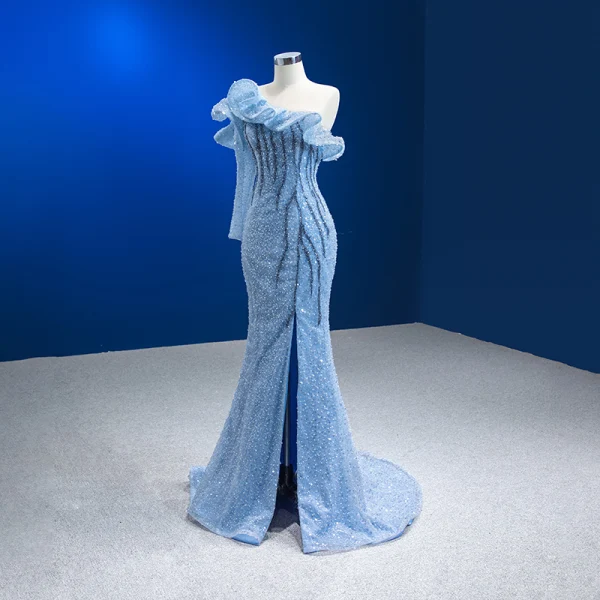 High End Charmant Himmelblau Perlenstickerei Pailletten Abendkleider 2023 Meerjungfrau One-Shoulder Lange Ärmel Rückenfreies Gespaltete Front Sweep / Pinsel Zug Abend Festliche Kleider