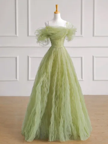 Fashion Sage Green Sequins Ruffle Prom Dresses 2025 A Line Princess Off The Shoulder Short Sleeve Backless Floor Length Long Prom Formal Dresses
