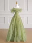 Fashion Sage Green Sequins Ruffle Prom Dresses 2025 A-Line / Princess Off-The-Shoulder Short Sleeve Backless Floor-Length / Long Prom Formal Dresses