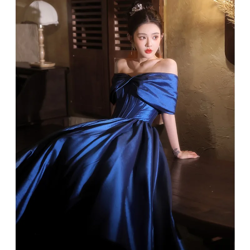 Vintage Retro Royal Blue Prom Dresses 2025 Ball Gown Off The Shoulder Short  Sleeve Backless Floor Length Long Prom Formal Dresses