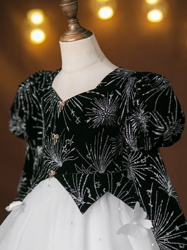 Vintage / Retro Black Glitter Birthday Flower Girl Dresses 2025 Ball Gown Square Neckline Puffy Long Sleeve Floor-Length / Long