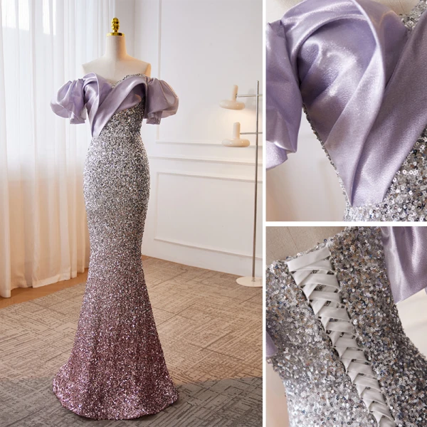 Glitzernden Lavendel Pailletten Abendkleider 2023 Meerjungfrau Off Shoulder Kurze Ärmel Rückenfreies Lange Abend Festliche Kleider