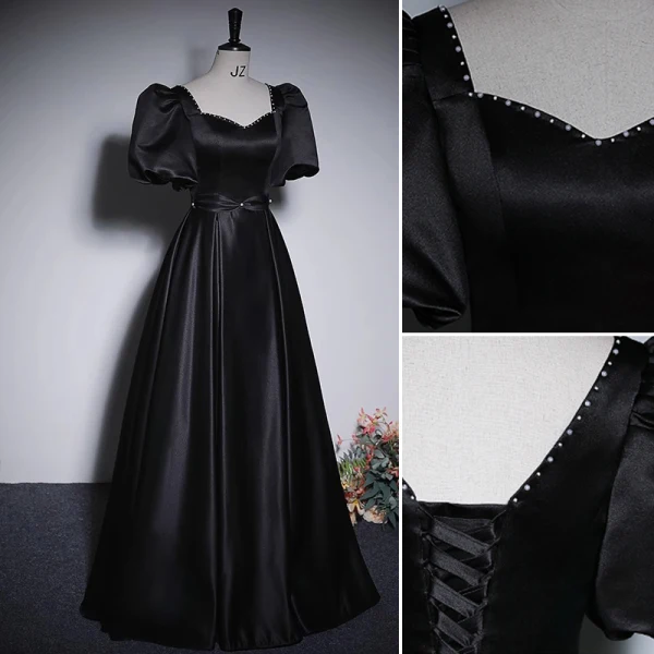 Elegant Black Satin Prom Dresses 2023 A-Line / Princess Pearl Square Neckline Puffy Short Sleeve Backless Floor-Length / Long Prom Formal Dresses