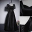 Elegant Black Satin Prom Dresses 2023 A-Line / Princess Pearl Square Neckline Puffy Short Sleeve Backless Floor-Length / Long Prom Formal Dresses