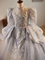 Médiévale Gris Perlage Perle Paillettes En Dentelle Fleur Volants en Cascade Anniversaire Robe Ceremonie Fille 2024 Robe Boule Col Haut Manches Longues Dos Nu Longue