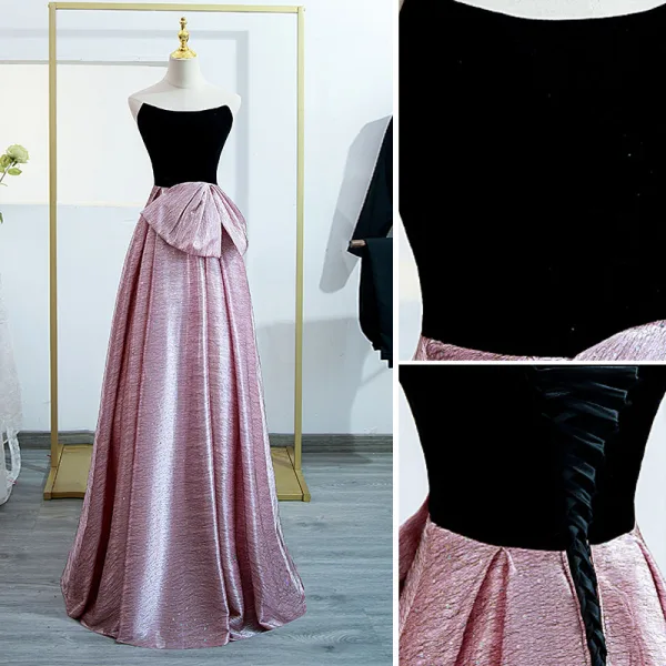 Chic / Beautiful Candy Pink Prom Dresses 2022 A-Line / Princess Strapless Sleeveless Backless Bow Floor-Length / Long Formal Dresses