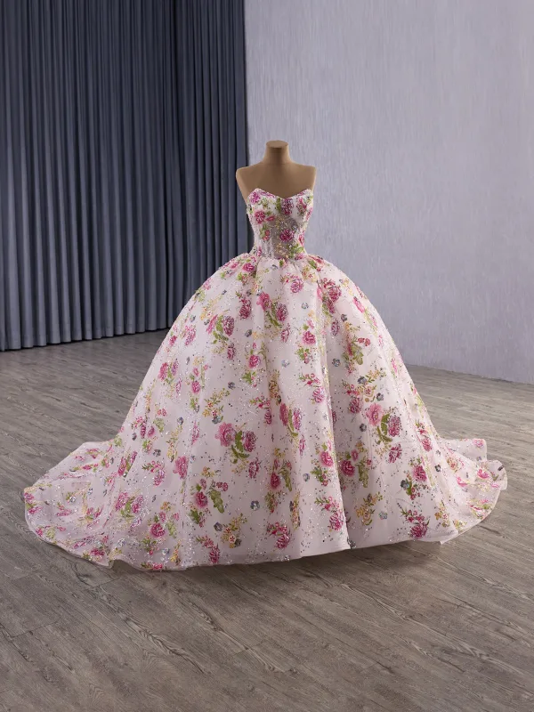 High-end Flower Fairy Fuchsia Handmade  Sequins Lace Flower Floral Prom Dresses 2025 Ball Gown Strapless Sleeveless Backless Court Train
