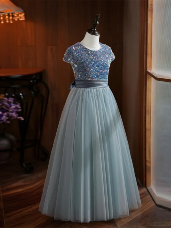 Chic / Beautiful Grey Sequins Birthday Flower Girl Dresses 2024 A-Line / Princess Scoop Neck Short Sleeve Bow Sash Floor-Length / Long