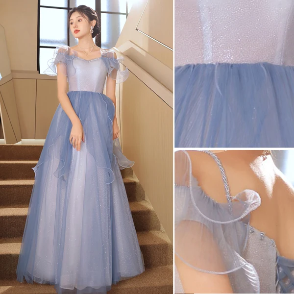 Chic / Beautiful Sky Blue Evening Dresses 2023 A-Line / Princess Spaghetti Straps Short Sleeve Backless Floor-Length / Long Evening Party Formal Dresses