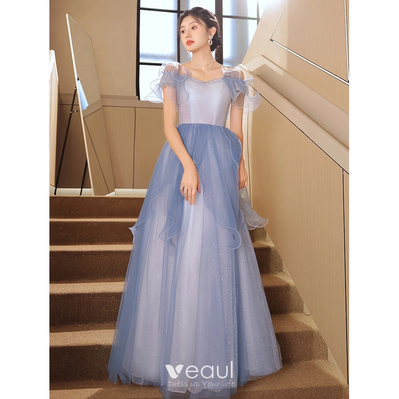 Chic / Beautiful Sky Blue Evening Dresses 2023 A-Line / Princess Spaghetti Straps Short Sleeve Backless Floor-Length / Long Evening Party Formal Dresses Chic / Beautiful Sky Blue Evening Dresses 2023 A-Line / Princess Spaghetti Straps Short Sleeve Backless Floor-Length / Long Evening Party Formal Dresses