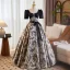 Élégant Noire Faux Diamant Impression Robe De Bal 2025 Robe Boule Encolure Carrée Manches Courtes Dos Nu Noeud Ceinture Longue Promo Robe De Ceremonie