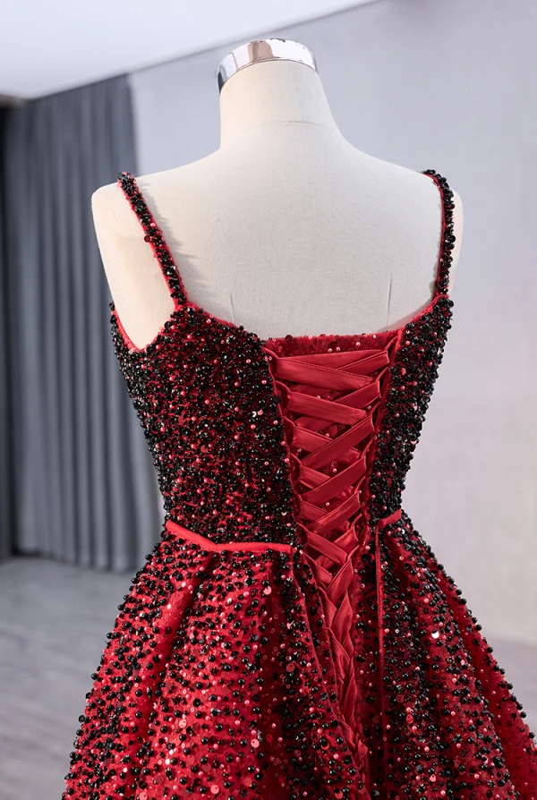 High-end Burgundy Gradient-Color Handmade  Beading Pearl Sequins Prom Dresses 2024 Trumpet / Mermaid Spaghetti Straps Sleeveless Backless Sweep Train Prom Formal Dresses