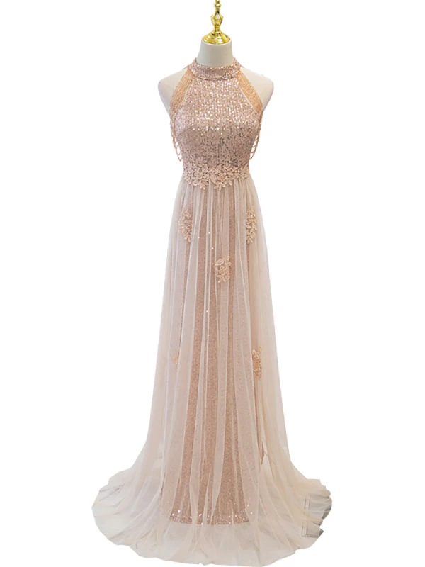 Sparkly Gold Beading Tassel Sequins Evening Dresses 2023 A-Line / Princess High Neck Sleeveless Backless Floor-Length / Long Evening Party Formal Dresses