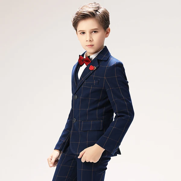 Navy Blue Stripe Long Sleeve Boys Wedding Suits 2022 Body Jewellery Coat Pants Shirt Tie Vest Wedding