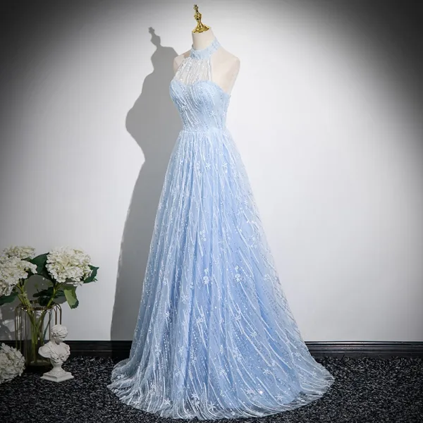 Sexy Sky Blue Beading Sequins Prom Dresses 2025 A-Line / Princess Halter Sleeveless Backless Sweep Train Formal Dresses