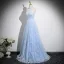 Sexy Sky Blue Beading Sequins Prom Dresses 2025 A-Line / Princess Halter Sleeveless Backless Sweep Train Formal Dresses