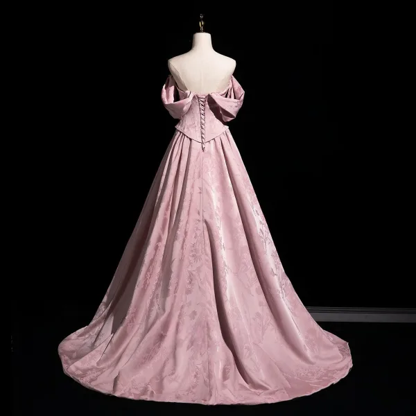 Vintage / Originale Rougissant Rose Noeud Robe De Bal 2026 Princesse Bustier Sans Manches Dos Nu Train De Balayage Promo Robe De Ceremonie